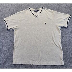 *VTG* Large Gray - POLO RALPH LAUREN Mens Shirt V-Neck Pique Cotton Ringer RARE
